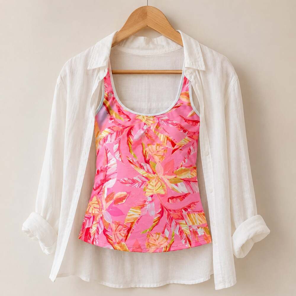 Hafari Tropical Leaf Print Tankini Swim Top Pink White Women’s Size M